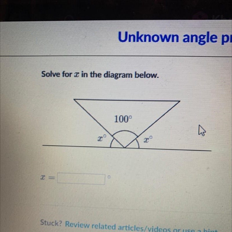 Solve for x in the diagram below. 100 X = X=-example-1