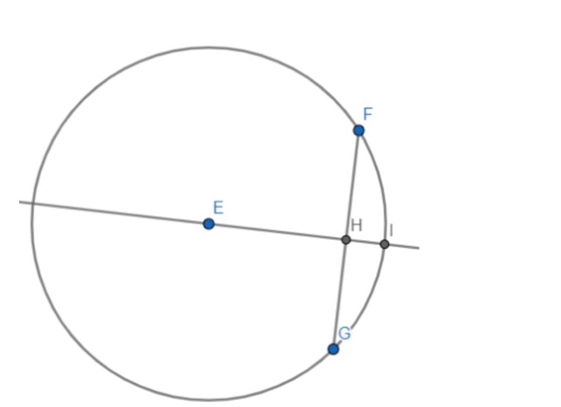 Circle E has a radius of 5.3 meters. F G ¯ is a chord and H E ↔ is a perpendicular-example-1