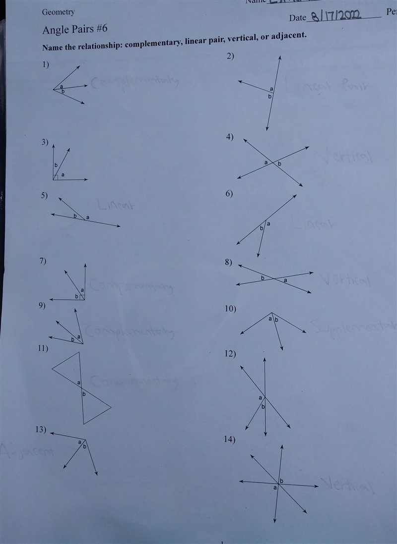 Can someone please help me with #1 through #14 of the geometry angle pairs #6 assignment-example-1