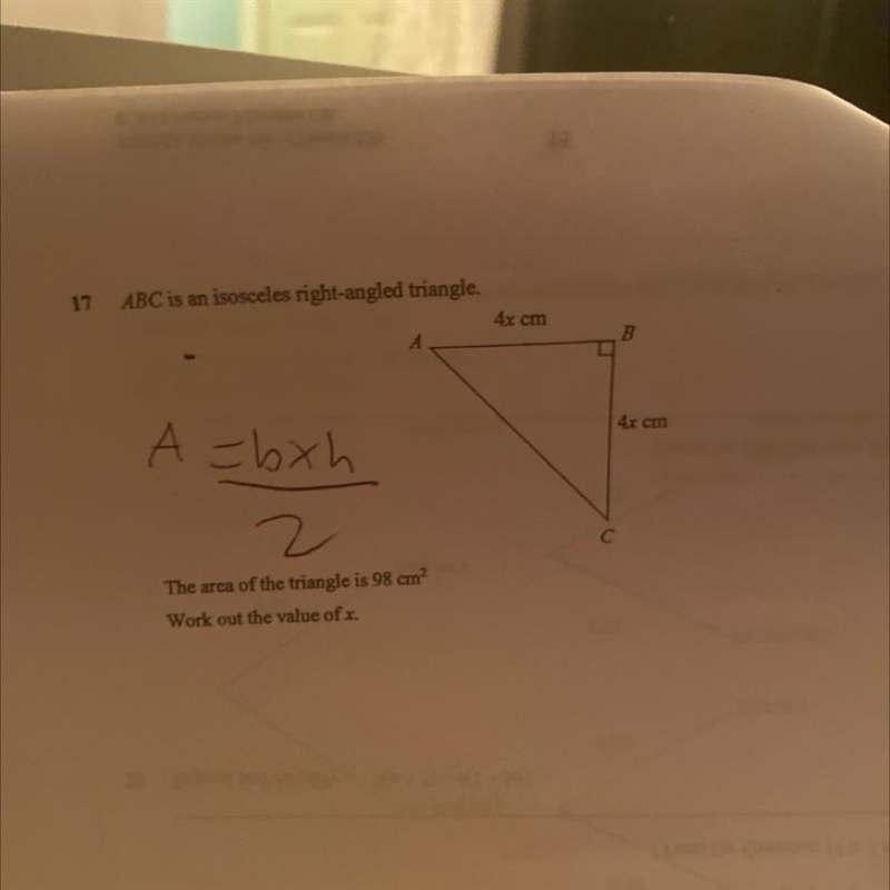 17 ABC is an isosceles right-angled triangle. A =bxh/2 The area of the triangle is-example-1