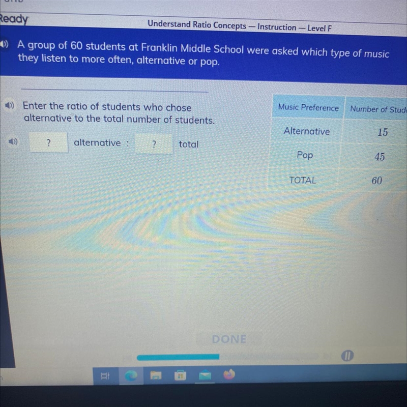 Enter the ratio of students who chose alternative to the total number of students-example-1