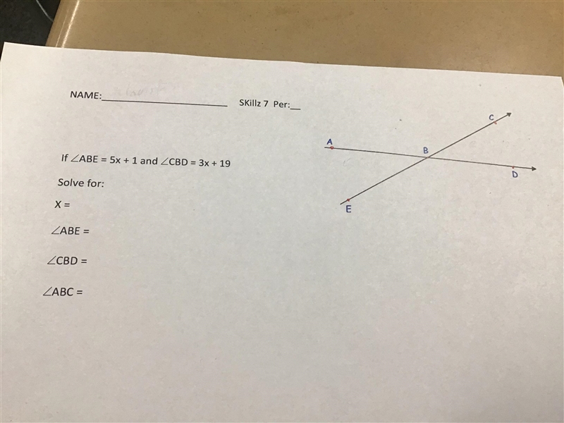 If angle ABE = 5x+1 and angle CBD = 3x+19 Solve for X = Angle ABE angle CBD angle-example-1