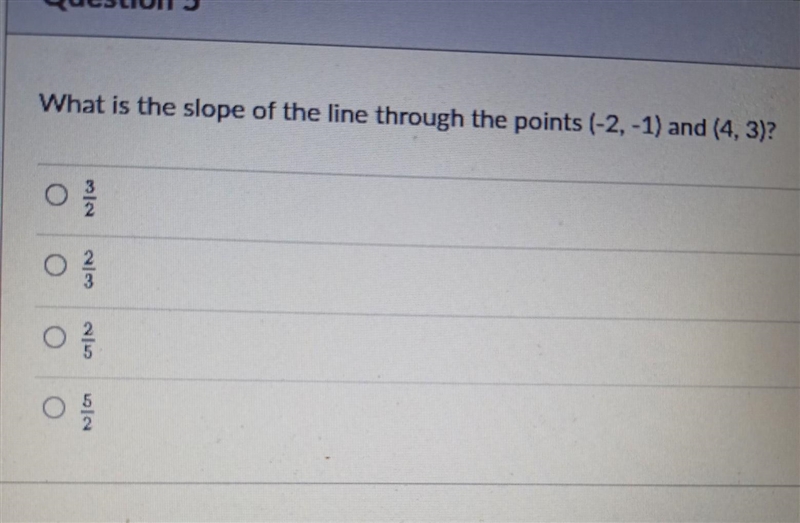 What is the slope of the line through the points (-2, -1) and (4, 3)? ​-example-1