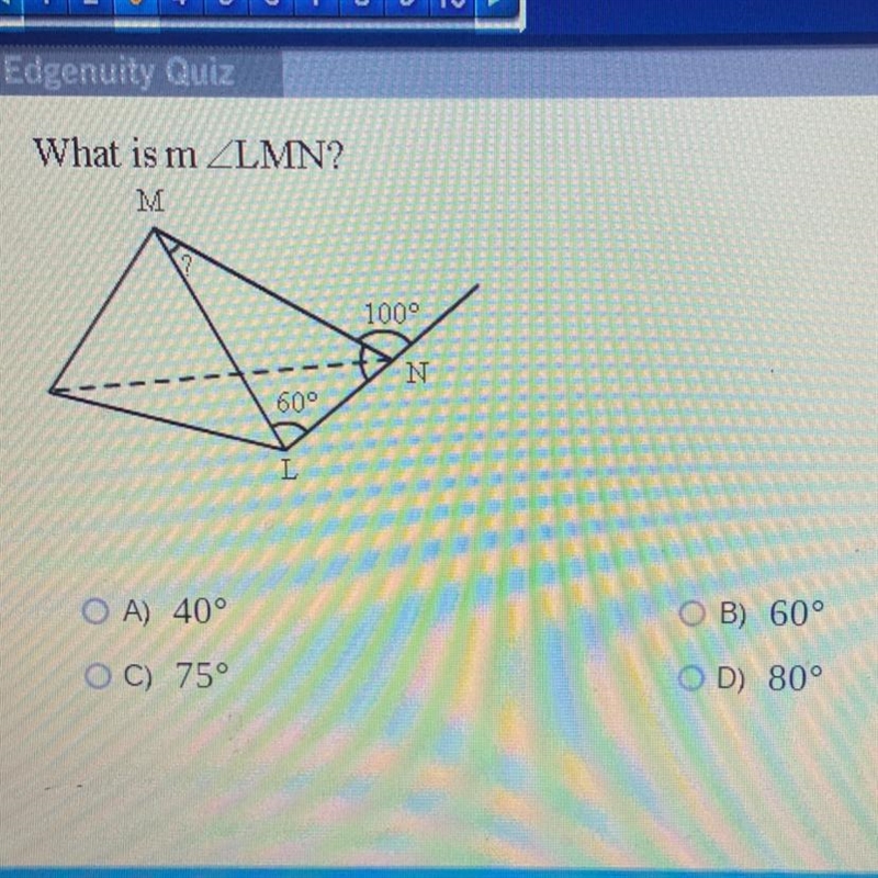 What is m ZLMN? OA) 40° OB) B) 60° OC) 75° OD) 80°-example-1