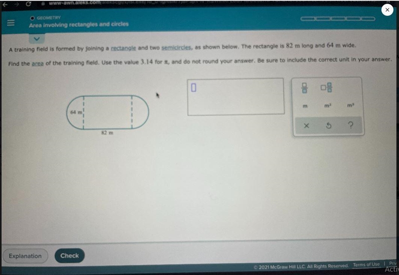 Area involving rectangles and circlesEspañolVA training field is formed by joining-example-1