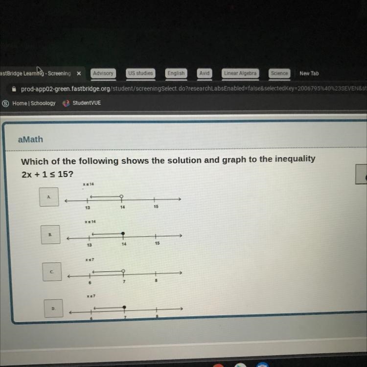 AMathWhich of the following shows the solution and graph to the inequality2x + 1 s-example-1