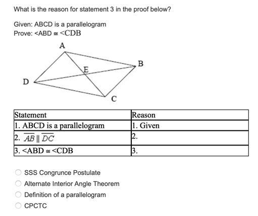 What is the reason for statement 3 in the proof below? Given: ABCD is a parallelogram-example-1