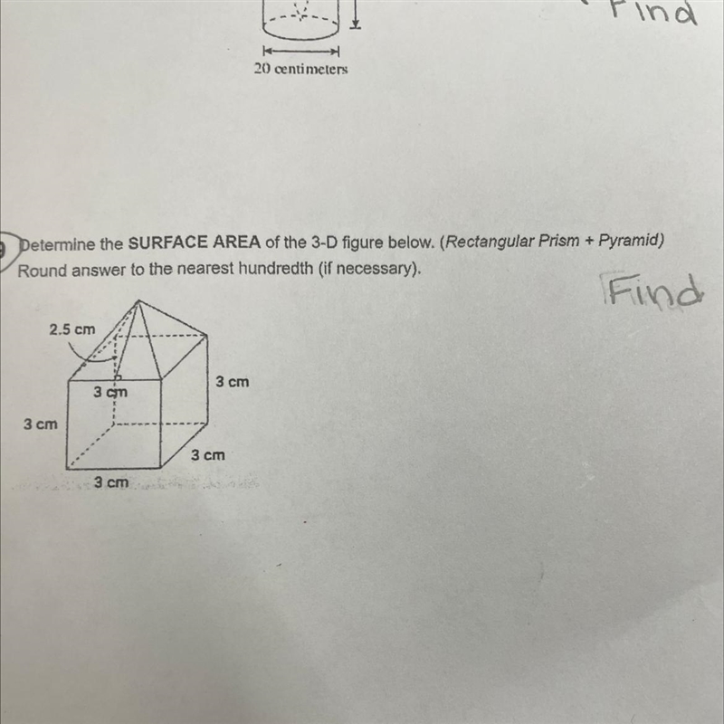 Determine the SURFACE AREA of the 3-D figure below. (Rectangular Prism + Pyramid) Round-example-1