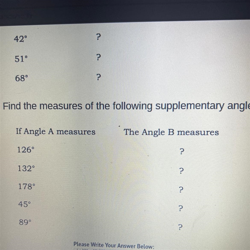 5. Find the measures of the following supplementary angles. If Angle A measures 126° 132° 178° 45° 89° The-example-1