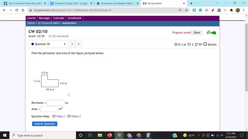 Find the perimeter and area of the figure pictured below.-example-1