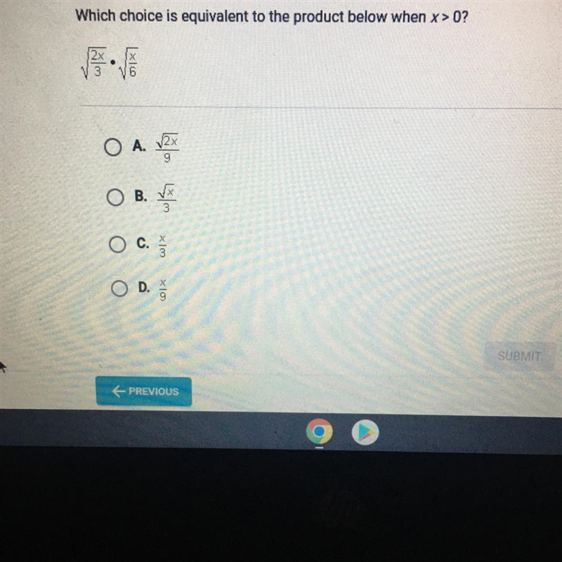 Which choice is equivalent to the product below when x>0 ?-example-1