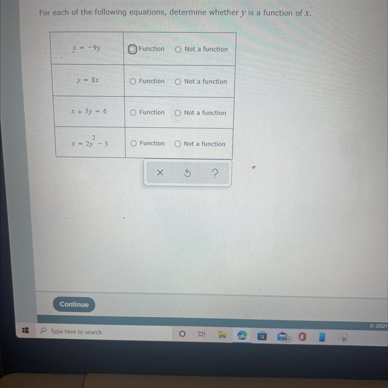 For each equation determines whether y is a funcation of x-example-1