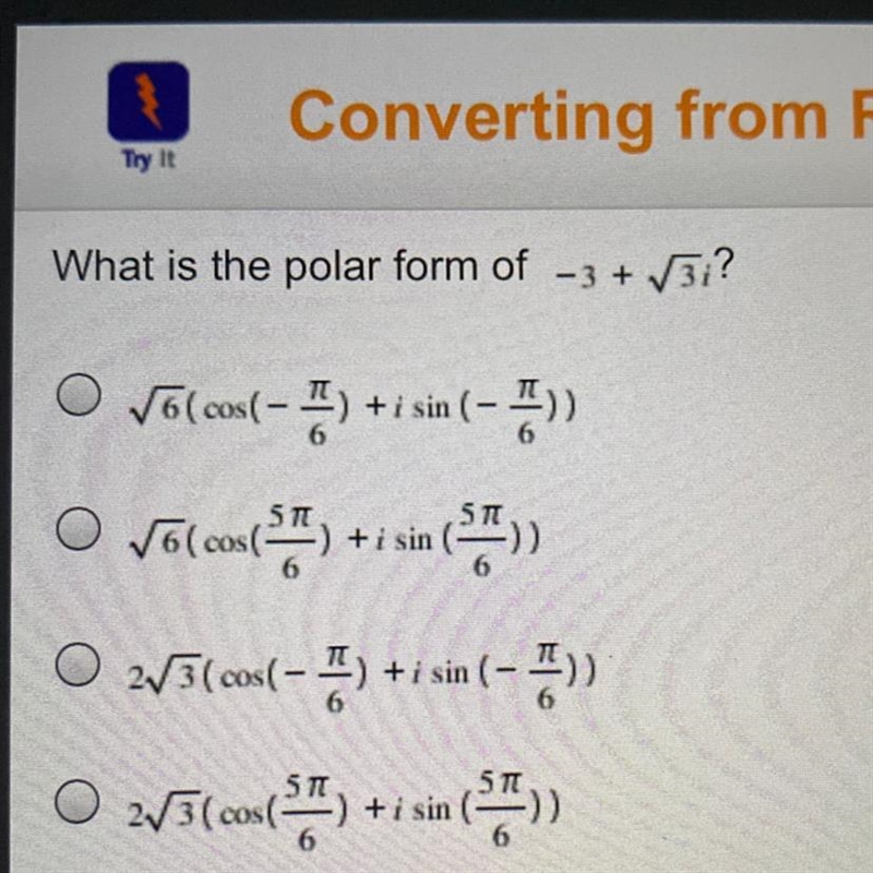 What is the polar form of -3+ v3i?-example-1