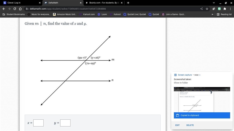 GIven m is parallel to n, find the value of x and y-example-1