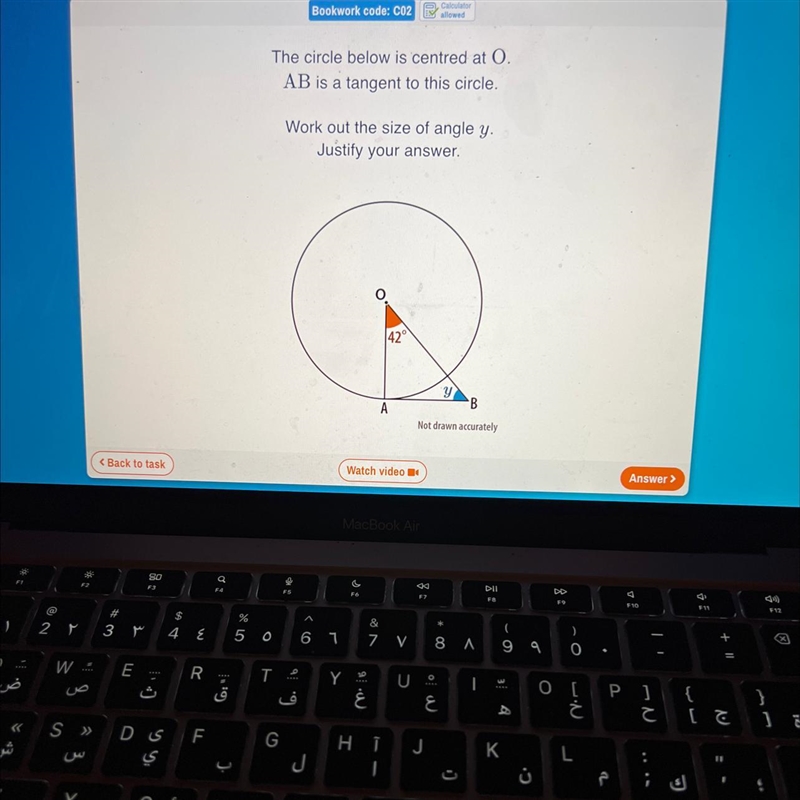 The circle below is centred at O. AB is a tangent to this circle. Work out the size-example-1