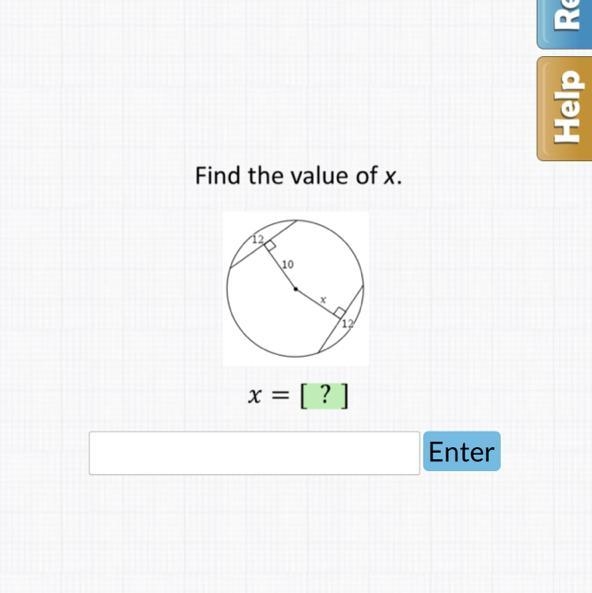 Find the value of x. 10 Q 12 x = [?]-example-1