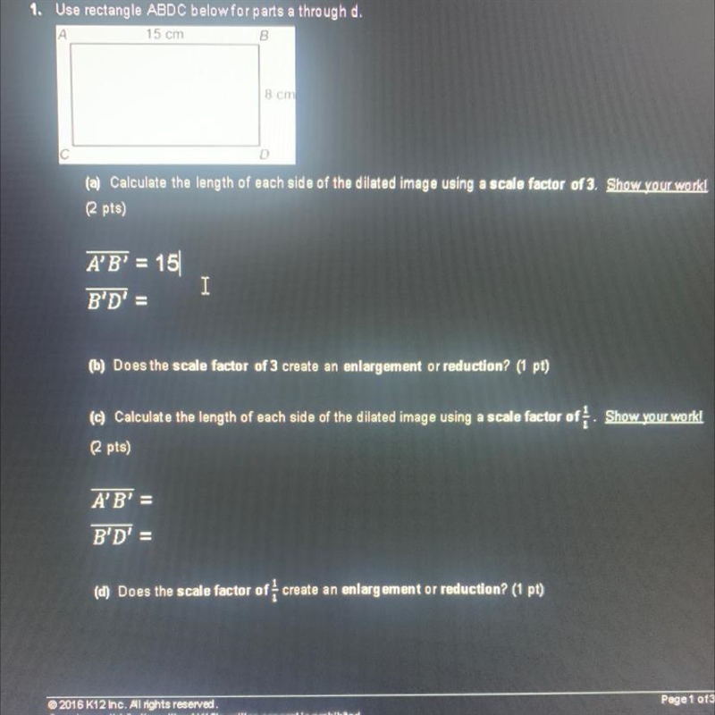 1. Use rectangle ABDC below for parts a through d. 15 cm B 8 cm C (a) Calculate the-example-1