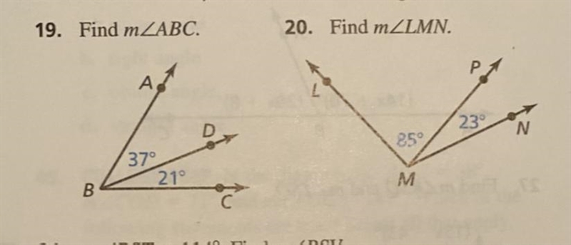 In exercises 19 and 20, find the indicated angle measure. (See photo)-example-1