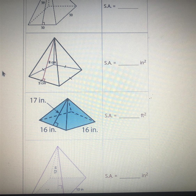 HURRRYY PLEASEE Determine the surface área of the pyramids below-example-1