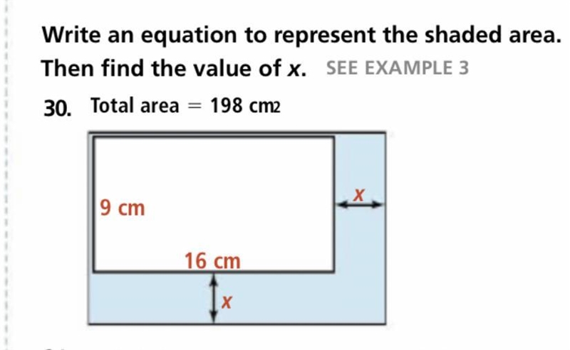 Write an equation to represent the shaded area. Then find the value of x.-example-1