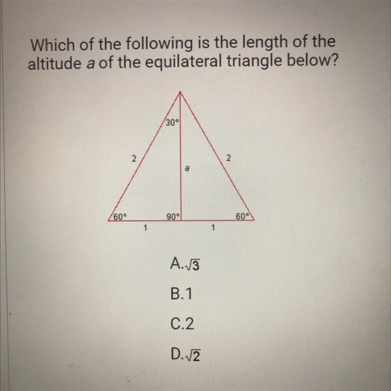 Which of the following is the length of the altitude a of the equilateral triangle-example-1