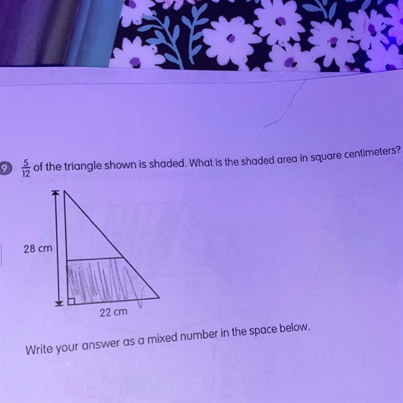 5/12 of the triangle shown is shaped. what is the shaded area in square centimeters-example-1