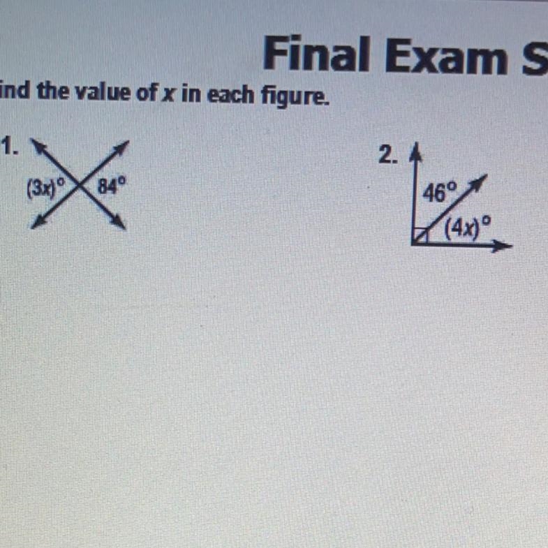 Find the value of x in each figure.can i have help on 1 and 2-example-1