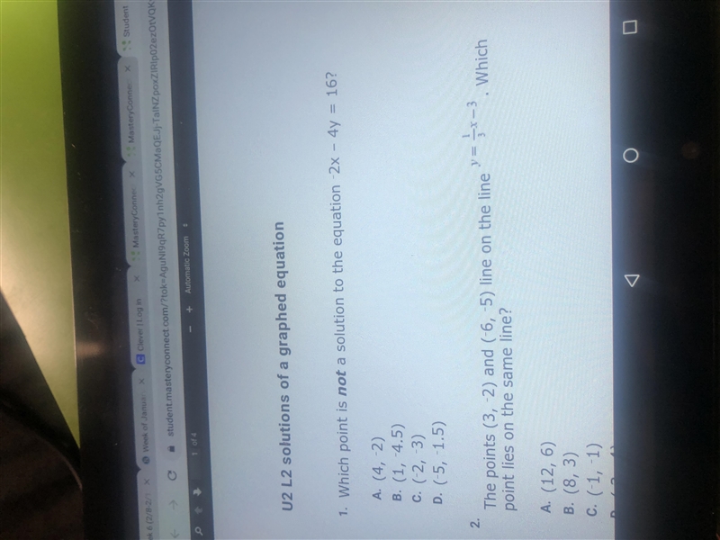 U2 L2 solutions of a graphed equationWhich point is not a solution to the equation-example-1