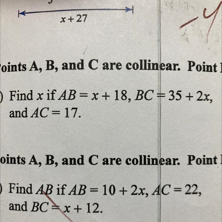 Find x if AB = x + 18, BC = 35 + 2x, and AC = 17.-example-1