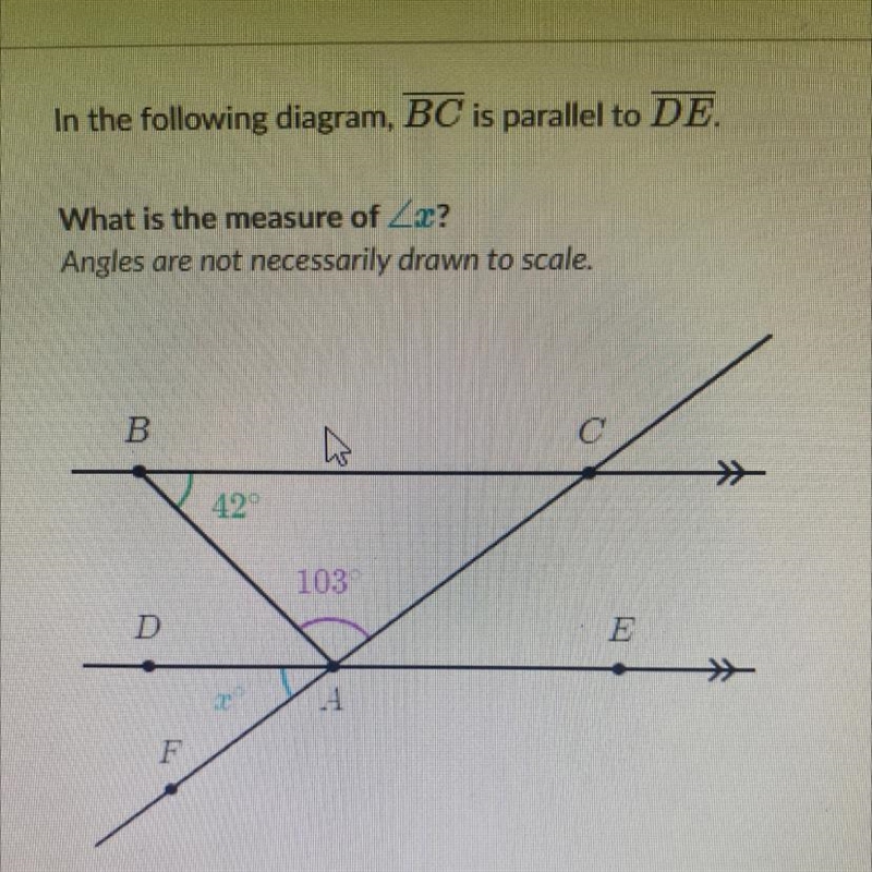 In the following diagram, BC is parallel to DE. What is the measure of Zx? Angles-example-1