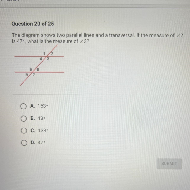 Is 47°, what is the measure of Z3? Ο Α. 1536 O B. 43 O C. 133 O D. 47°-example-1