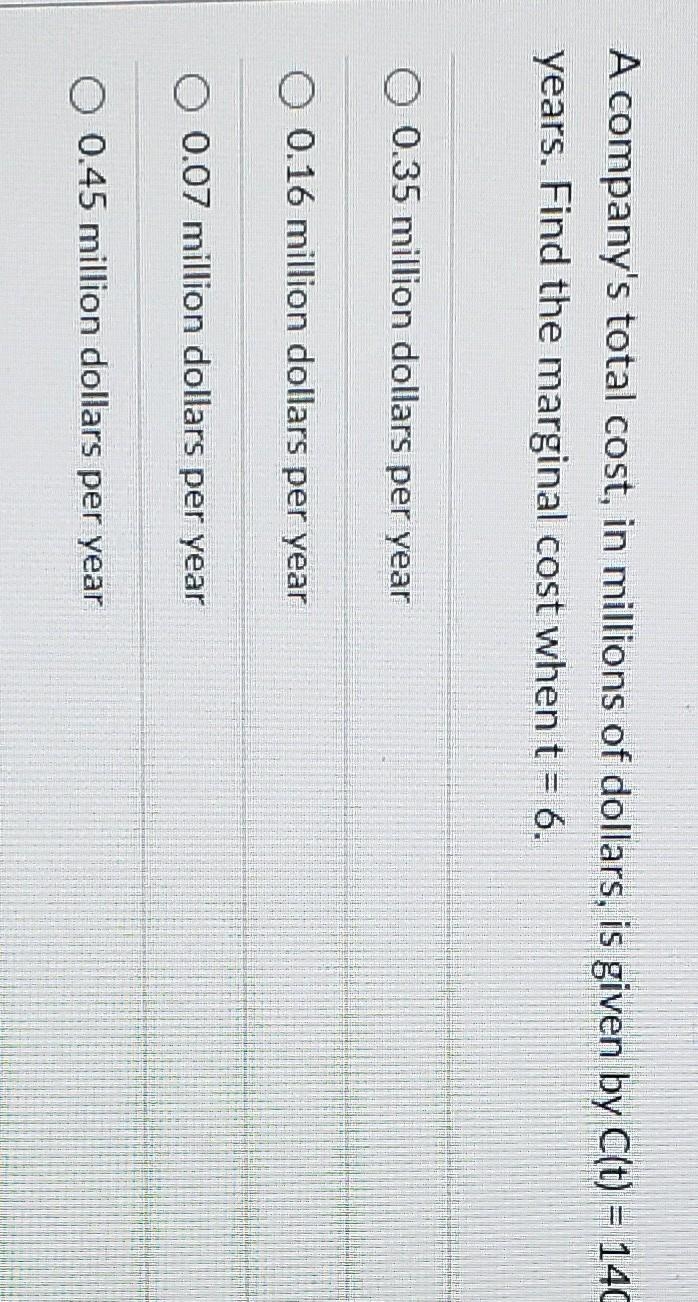 A company's total cost, in millions of dollars, is given by C(t) = 140 - 30et where-example-1