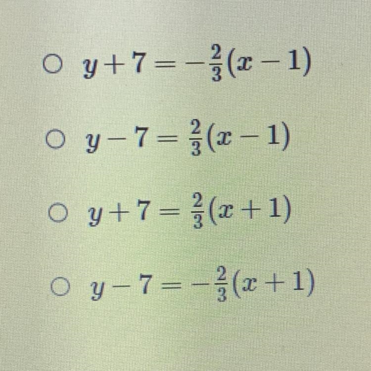 What is an equation of a line, in point-slope form, that passes through (1, - 7) and-example-1