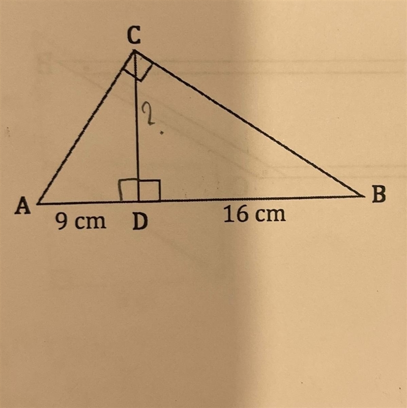 in right triangle ABC, line CD is perpendicular to line AB, AD=9 cm DB=16 cm. Find-example-1