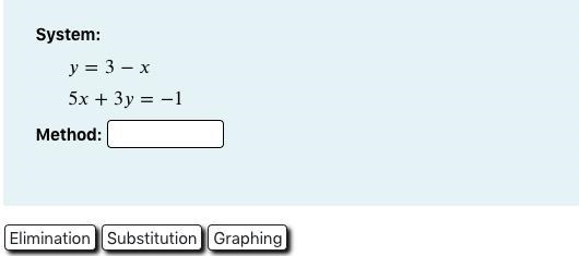 Choose the method (graphing, substitution, or elimination) that is best to solve each-example-1