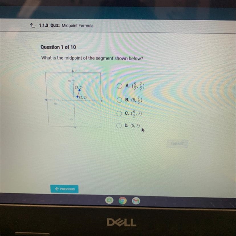 What is the midpoint of the segment shown below? 50 O A ( 1 ) (3,5) . (2.2) 10 O B-example-1