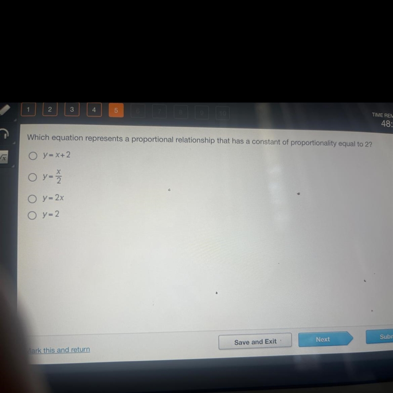 Which equation represents a proportional relationship that has a constant of proportionality-example-1