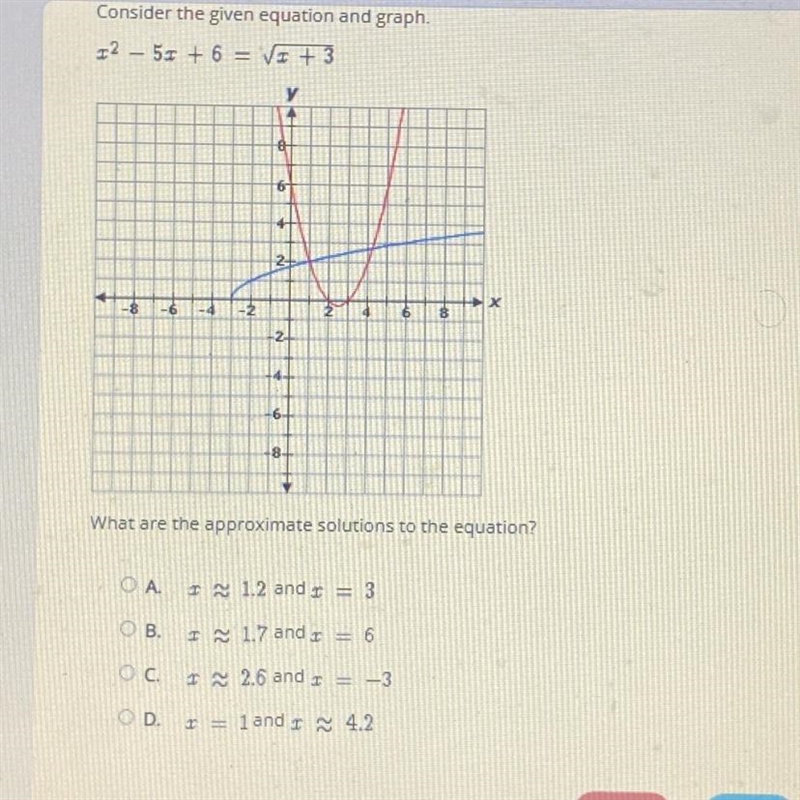 What are the approximate solutions to the equation? A. X=1.2 and x=3 B. X= 1.7 and-example-1