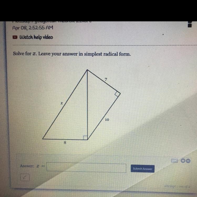 Solve for x. Leave your answer in simplest radical form-example-1