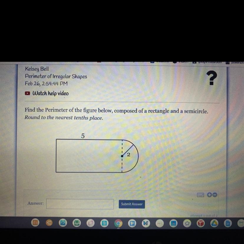 Find the Perimeter of the figure below, composed of a rectangle and a semicircle. Round-example-1