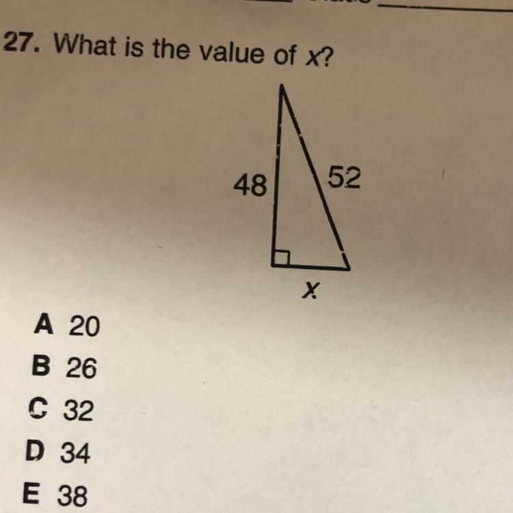 27. What is the value of x? own 52 48 X A 20 B 26 C 32 D 34 E 38-example-1