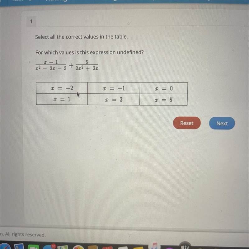 Select all the correct values in the table.For which values is this expression undefined-example-1