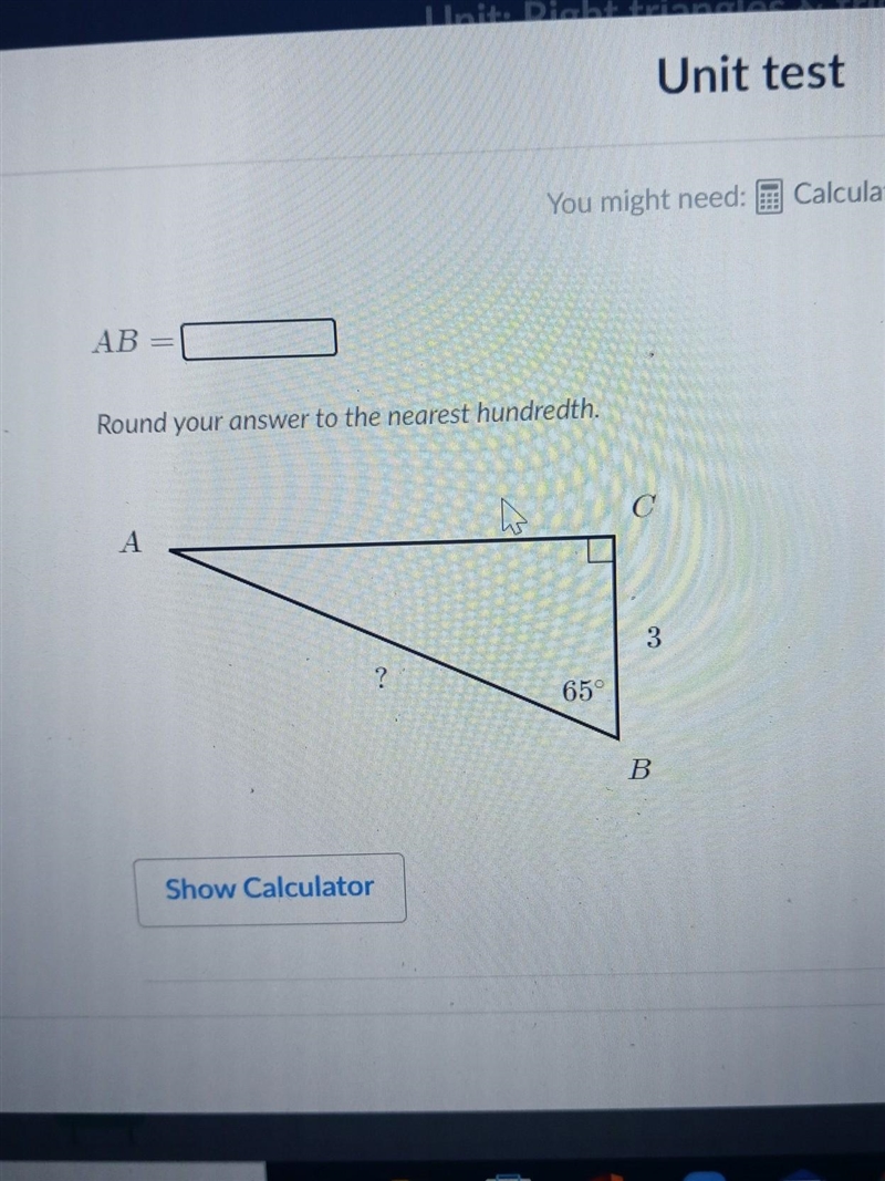 АВ Round your answer to the nearest hundredth. h C А. 3 ? 65° B​-example-1