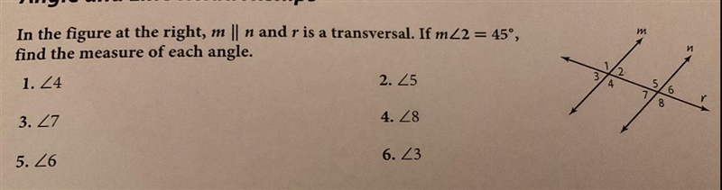 In the figure, mm is parallel to n and r is a transversal. If m=45 degrees, find the-example-1