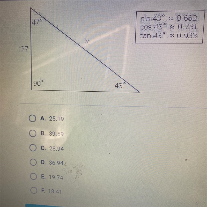 What is the approximate value of x in the diagram below? (Hint: You will need to use-example-1