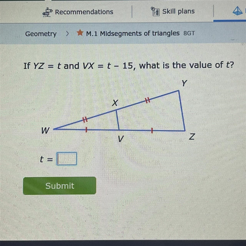 If YZ= t and VX= t-15 what is the value of t-example-1