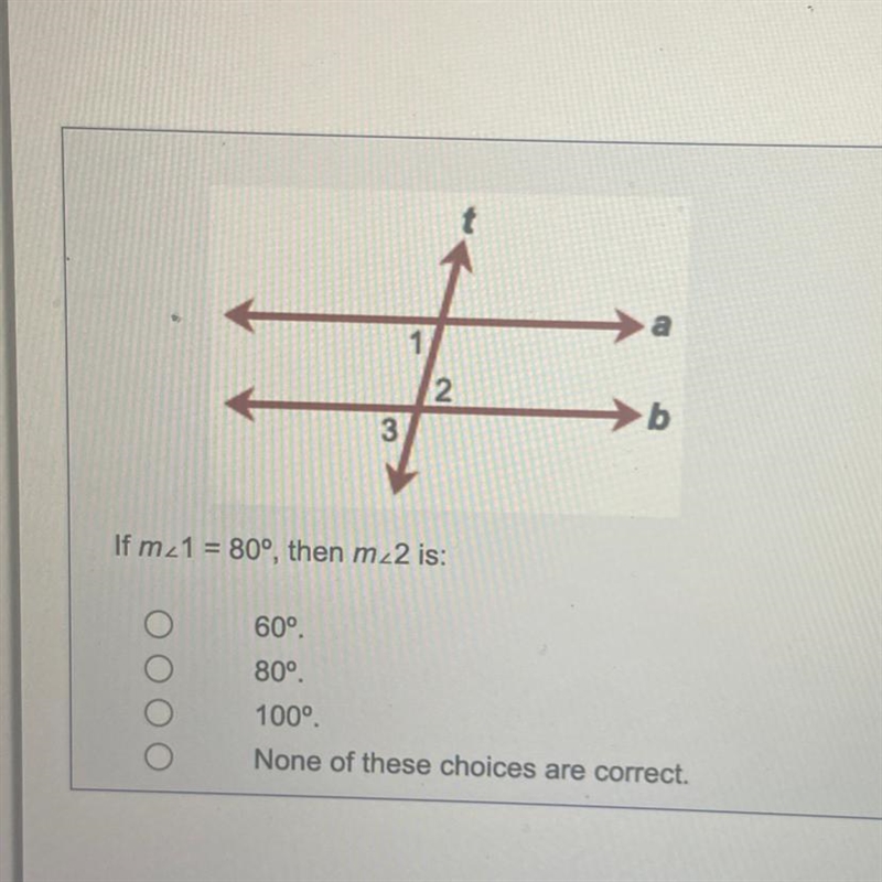 If m21 = 80°, then m22 is: 60° 80° 100° None of these choices are correct.-example-1