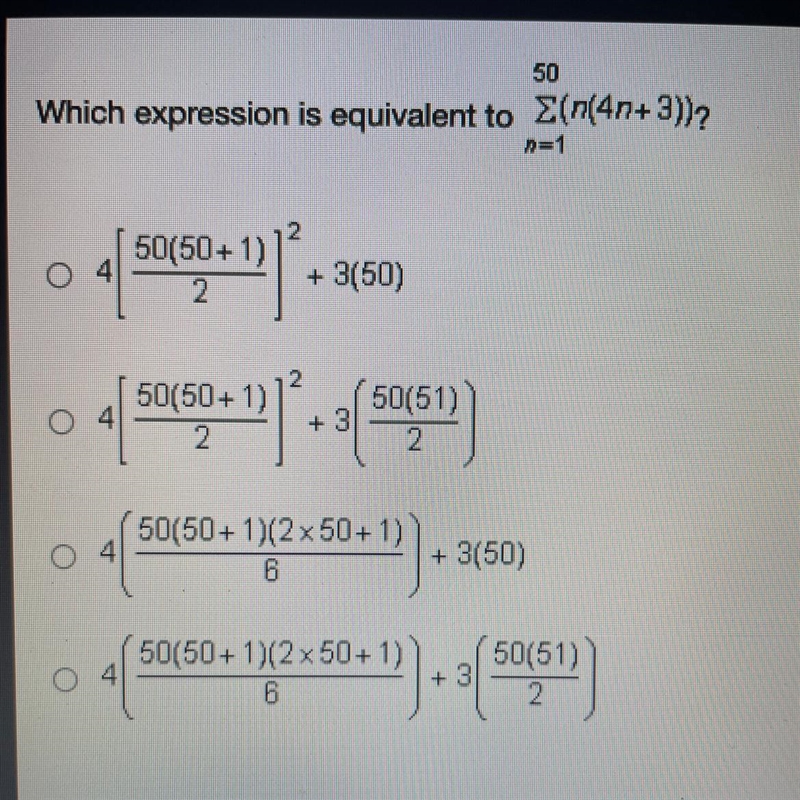 Which expression is equivalent to 50E(n(41+3))? n=1-example-1