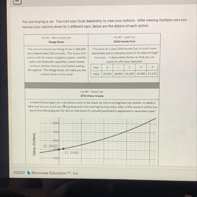 Help me!!Write a function using correct notation that models the value of each car-example-1