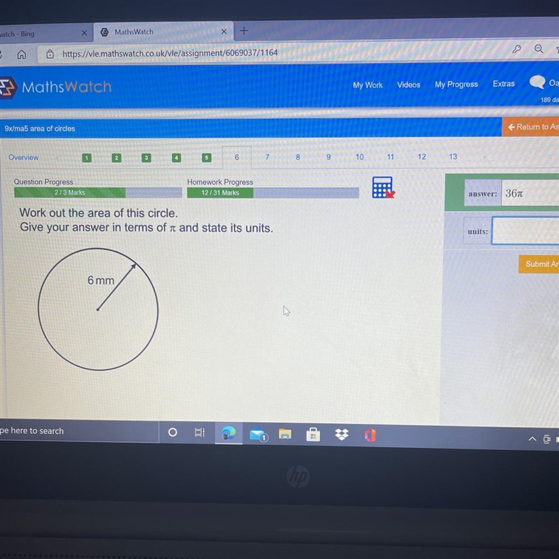 Work out the area of this circle. Give your answer in terms of n and state its units-example-1